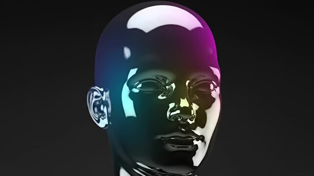Glossy black humanoid robotic head on dark background