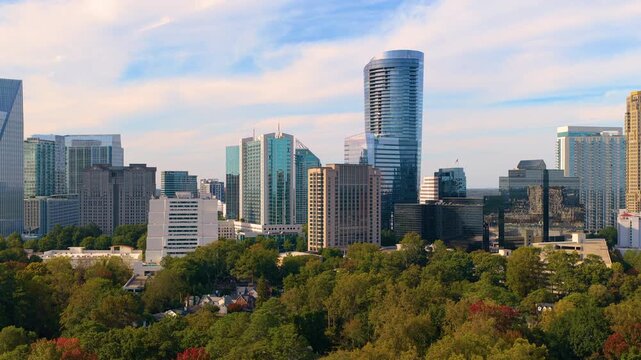 Aerial view of Buckhead downtown city landscape in Atlanta with skyscraper buildings. Urban growth, transportation infrastructure and modern American metropolis.