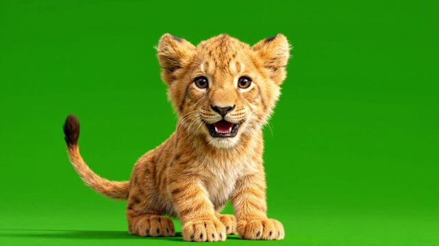 Cute Lion Cub Sitting on Green Screen. 4K Video