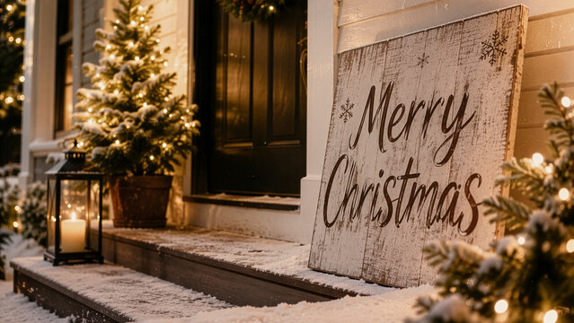 Merry Christmas Sign on Snowy Front Porch with Festive Lights and Christmas Tree