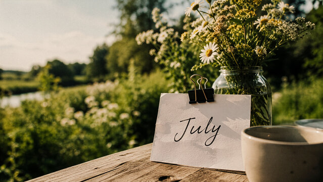 July Summer Background with Handwritten Sign, Wildflowers and Coffee in Sunny Countryside