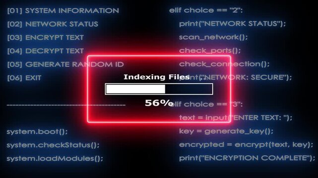 Abstract computer source code programming and digital indexing files progress bar motion.