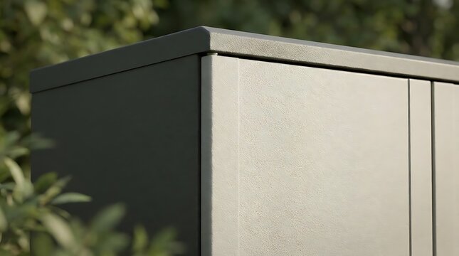 Close-up of a modern outdoor cabinet showing a durable textured exterior design, highlighting effective yard storage solutions for home organization.
