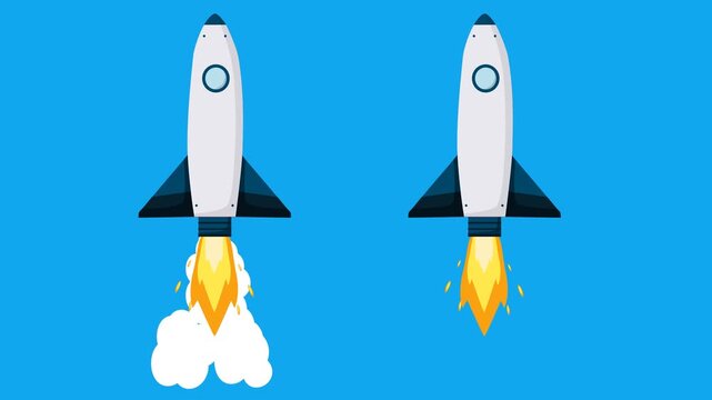 a blue and white rocket animation with two different effects on a transparent background, the first rocket animation has smoke and fire effects while the second has a fire effect, this looped animati