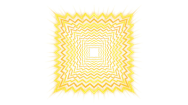 Zig zag doodle hand drawn concentric square frame with vibrant golden yellow light effect overlay isolated on transparent background