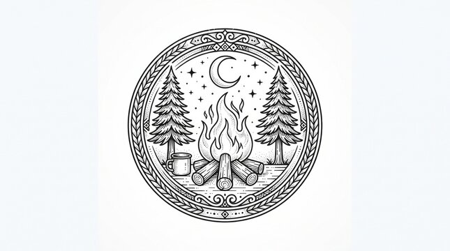 Vintage campfire line art illustration, rustic outdoor camping emblem with pine trees and moon, black and white forest bonfire badge