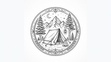 Naklejka premium Vintage camping badge illustration, rustic mountain landscape with tent and pine trees, circular wilderness emblem for outdoor apparel