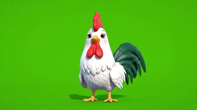 Rooster Standing and Looking Around on Green Screen. 4K Video