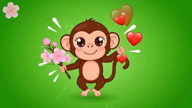 Cute Cartoon Monkey Holding Flowers with Hearts Floating on Green Screen. 4K Video