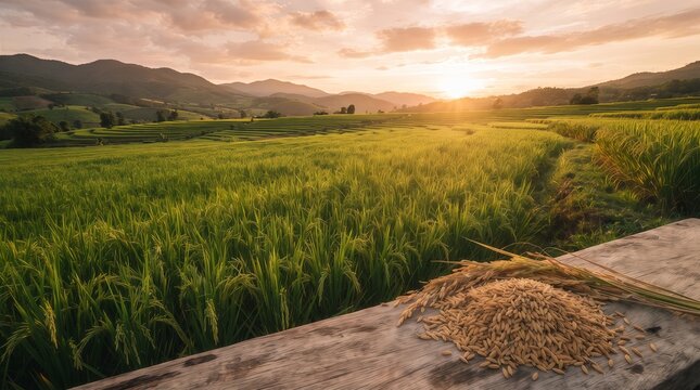 Mature rice field glowing at golden hour with freshly harvested rice grains in a peaceful agricultural landscape.
