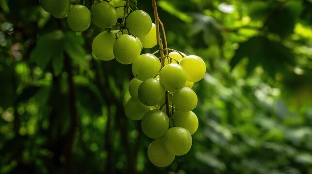 A luscious bunch of ripe green grapes hanging from a vine in a lush vineyard.