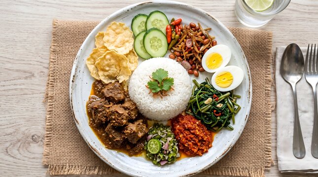 Indonesian Nasi Campur: A delectable plate of Nasi Campur, showcasing a vibrant assortment of authentic Indonesian dishes including rice, beef rendang, boiled eggs, vegetables, sambal, and krupuk.