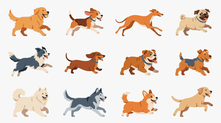 Obraz premium Illustration of twelve diverse dog breeds running in profile on a white background, featuring a Golden Retriever, Beagle, Greyhound, Pug, Bulldog, Corgi, and Husky in a flat vector style.