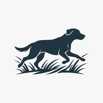 Black silhouette of a Labrador retriever running through tall grass. Minimalist vector illustration of a hunting dog in motion, side view profile isolated on a plain white background.