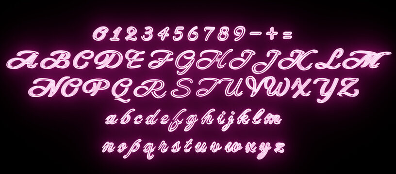 Neon Pink Cursive Script Alphabet on Dark Background &mdash; Glowing Handwritten Font with Uppercase, Lowercase, Numbers and Symbols