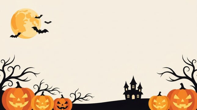 Creative Halloween background with orange pumpkins and a spooky haunted house silhouette
