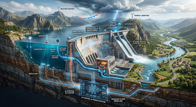 Cross section diagram of a hydroelectric dam showing water flow and power generation process.