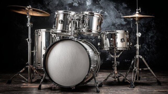 Polished Silver Drum Kit with Gleaming Chrome Hardware on a Dark Textured Background