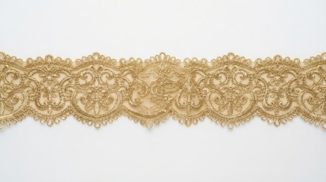 Elegant gold lace border with intricate floral embroidery on white background. Luxurious metallic lace trim for wedding invitations, fashion design, textile crafts, and decorative vintage style.