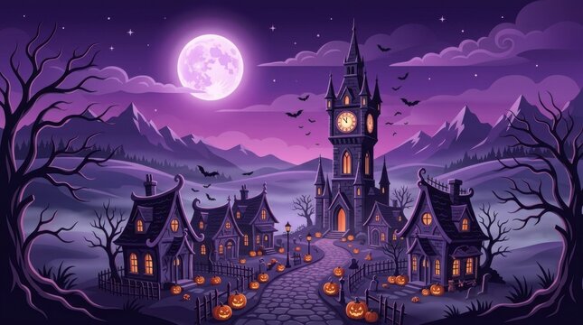 Enchanted Halloween village scene with a clock tower and glowing pumpkins