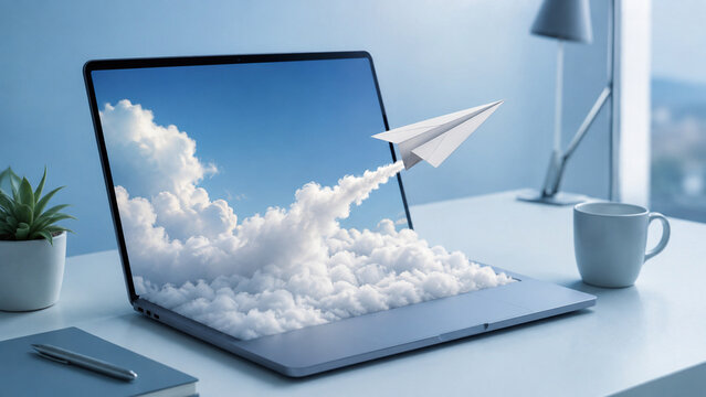 Laptop releasing clouds and a paper airplane in a creative digital concept