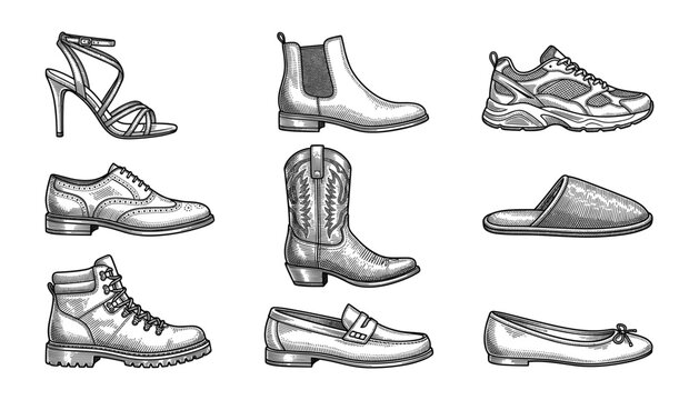 Vintage engraved footwear icon set featuring high heels chelsea boots sneakers brogues cowboy boots slippers work boots loafers ballet flats vector illustration.