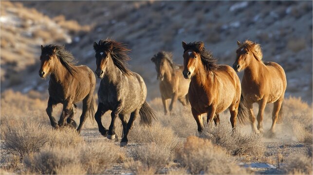 A powerful herd of wild mustangs thundering across a dusty, sunlit desert landscape at speed