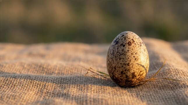 Speckled bird egg resting gently on rustic burlap cloth bathed in warm natural golden hour sunlight