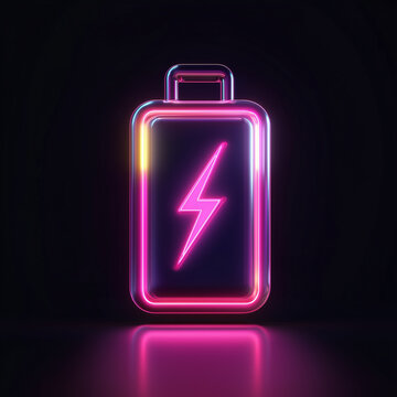 Futuristic glowing battery icon fully charged with vibrant energy light effects isolated with illuminated battery symbol embedded modern container