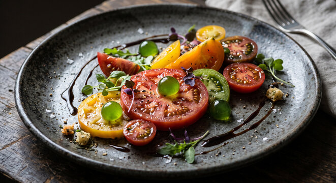 Macro of a gourmet heirloom tomato salad with balsamic glaze, microgreens, and green gel spheres on a dark plate