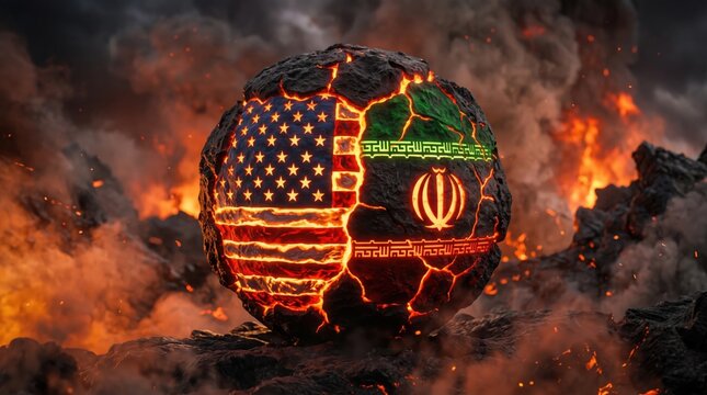 Cracked volcanic sphere glowing with dual national emblems amidst intense molten fire with national flags separated fiery cracks surrounded