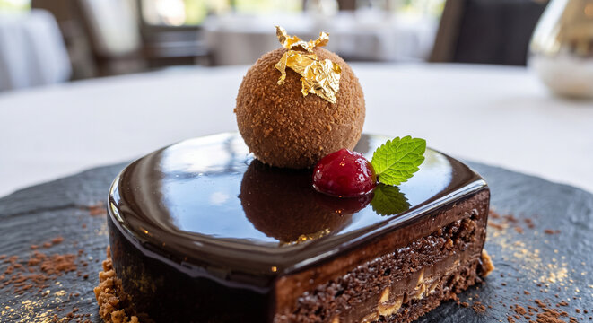 Macro of a gourmet chocolate dessert sphere with edible gold leaf, mirror glaze, fresh cherry, and mint leaf