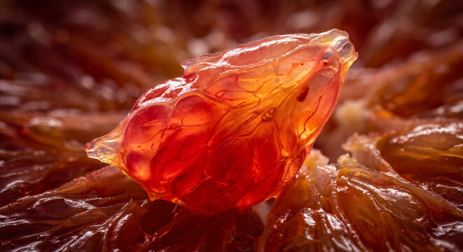 Extreme macro close up of a backlit translucent golden raisin showing internal textures