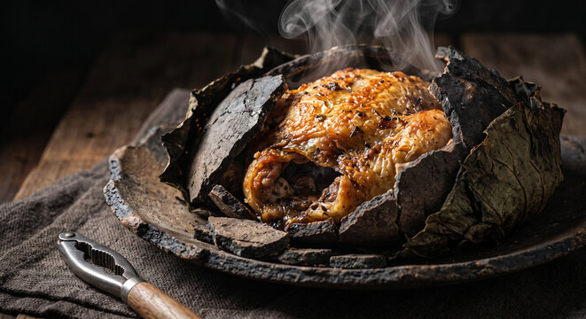 Steaming roasted chicken emerging from a cracked dark clay baking crust
