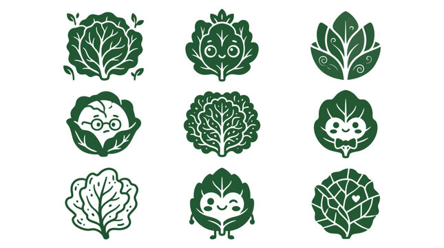 Set of cute green cabbage and lettuce characters with faces.