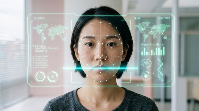 Asian Woman Undergoing Facial Recognition Scan with Futuristic Interface.