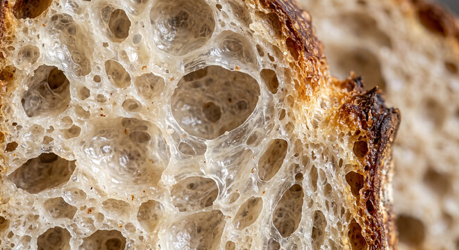 Macro close up of sourdough bread crumb texture with large air pockets and crust
