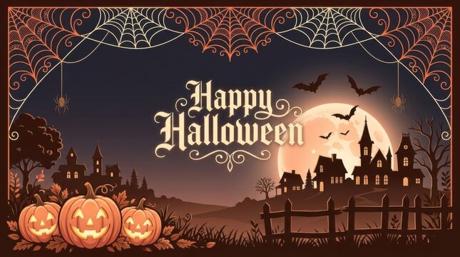 Spooky Halloween banner featuring glowing pumpkins and a haunted house at night