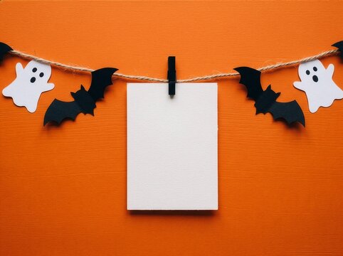 Halloween blank paper card with ghosts and bats on orange background