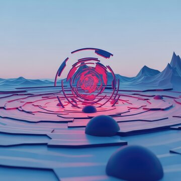 Fractured digital landscape representing non-linear time and chaotic energy flow. Abstract geometric distortion of sequential moments, infinity, geometric, cascade