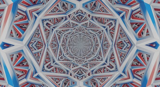 Mind-bending geometric pattern creates a hypnotic optical illusion of infinite depth and impossible structure. A visual puzzle, pattern, shape, tricky
