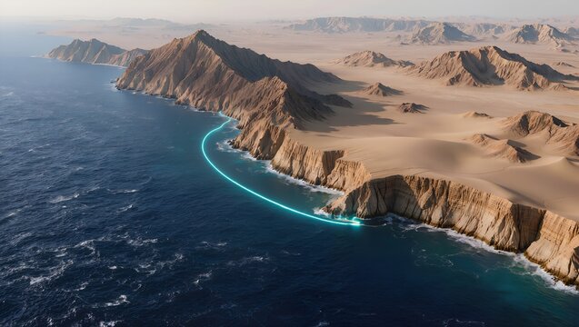 3D Isometric Terrain Diagram of Strait of Hormuz Chokepoint with Glowing Shipping Route Through Narrow Gap