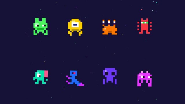 Set of colorful pixel art space aliens on dark background
