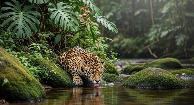 Wild Jaguar Drinking from River in Amazon Rainforest