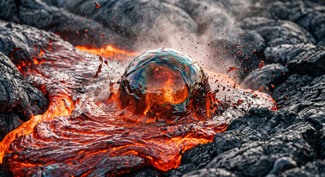 Close up of a glowing lava bubble bursting in a river of molten magma and dark volcanic rock.