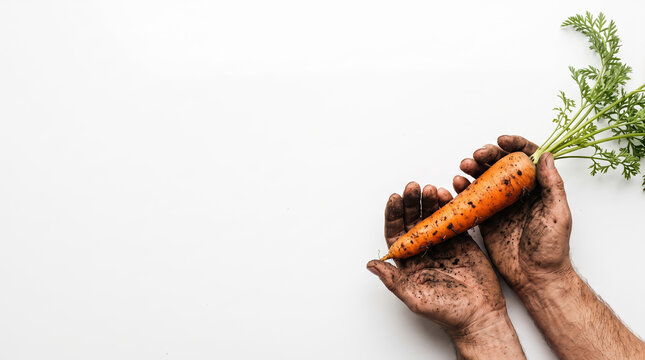 Freshly harvested organic carrot held in dirty gardener hands on white background with vegetable gardener agriculture homegrown nutrition vegetarian sustainable gardening background