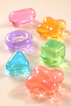 色鮮やかでつやつやとした立体的なガラス・ジェリー風の幾何学＆流体形状のセット Set of colorful glossy 3D glass and jelly geometric and fluid shapes