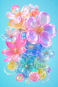 ガラス細工のような幻想的な光沢のある花と球体のクラスター Cluster of fantastic iridescent glass-like flowers and spheres