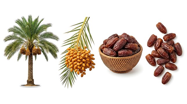 Date palm tree with fresh yellow fruit branch and dried brown dates in a woven bowl isolated