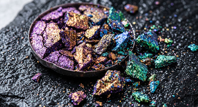Crushed iridescent purple, gold, and green metallic eyeshadow chunks in a pan on dark stone.